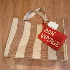 a new day Beige and Brown Striped Tote with Red Pouch